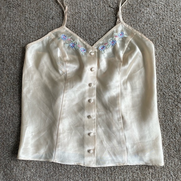 Inner Most Tops - Elegant Cream Embroidered Satin Cami Top Floral Embroidered Vintage Fairy Grunge